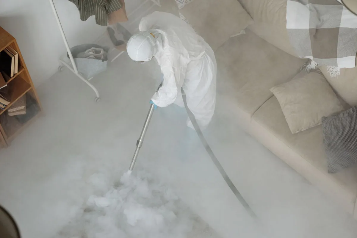 Biohazard cleanup technician in protective equipment, Hollywood, SC